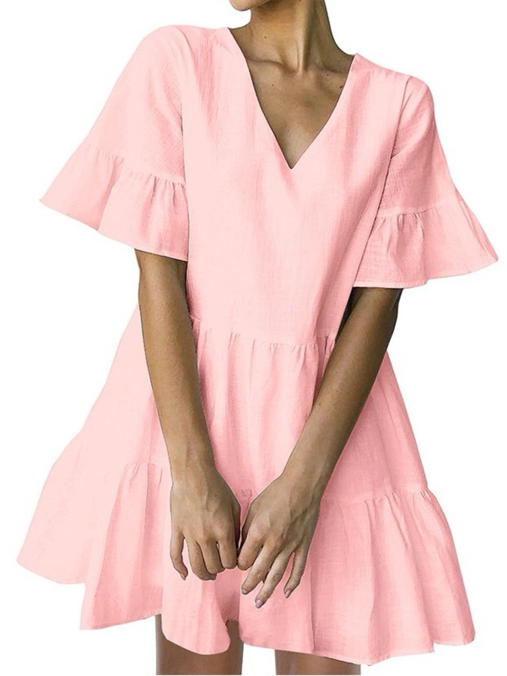 FANCYINN Pink Shift Dress  Pockets Bell Ruffle  Loose Swing Mini Medium